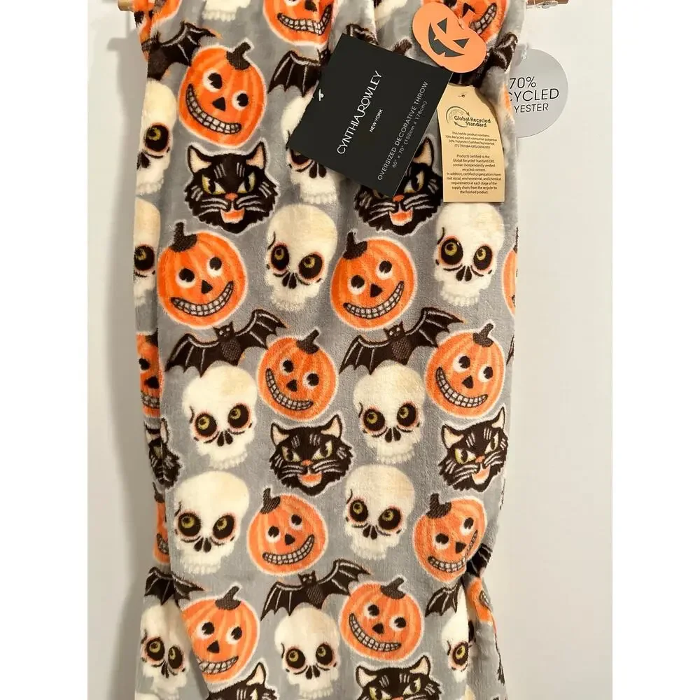 Cynthia Rowley Throw Blanket Fleece Vintage Retro Halloween Skulls Cats Bats NWT